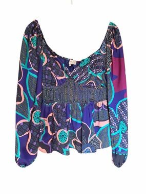 Boho Purple Abstract Smocked Peasant Blouse